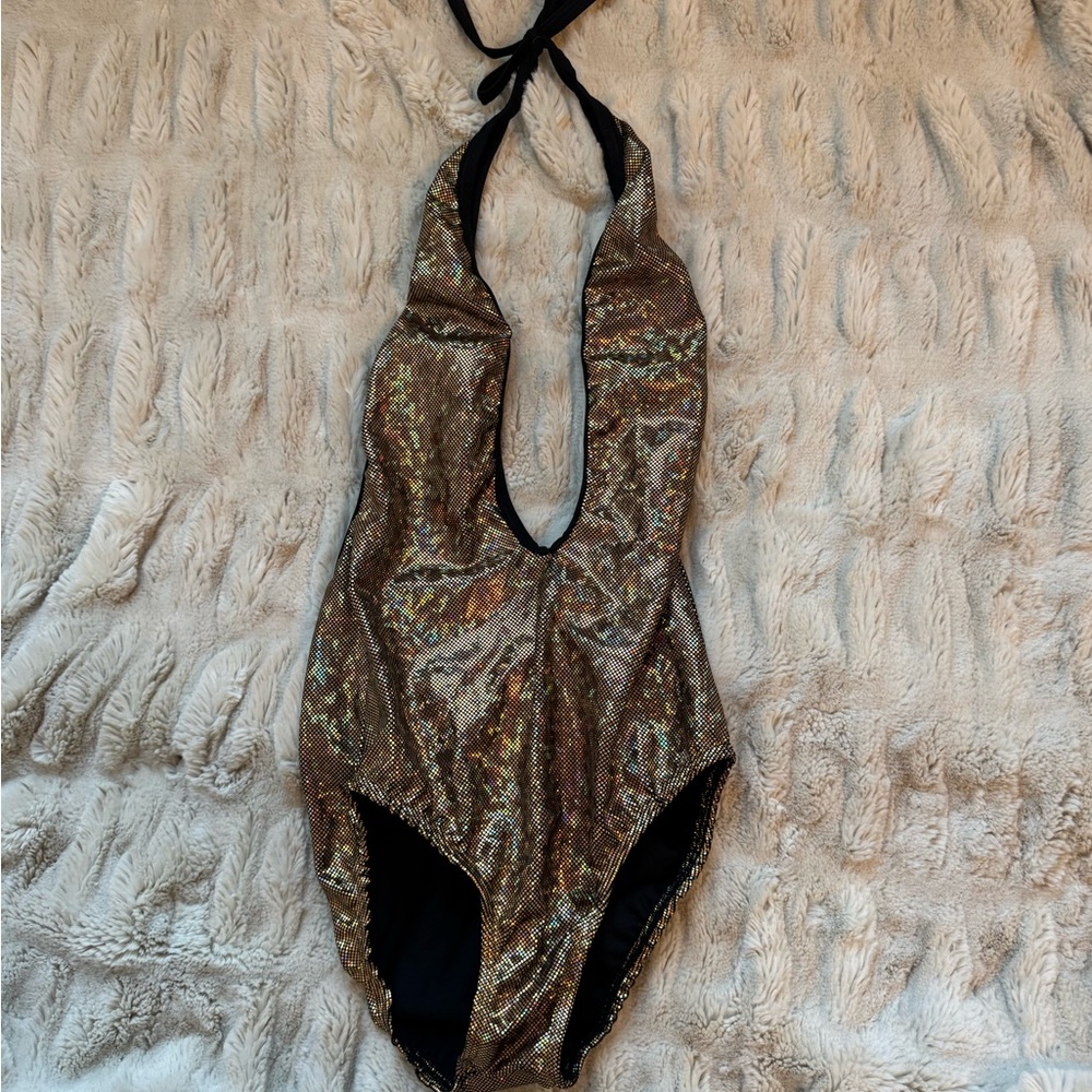 Shimmering Gold Halter rave Mi Gente festival bodysuit